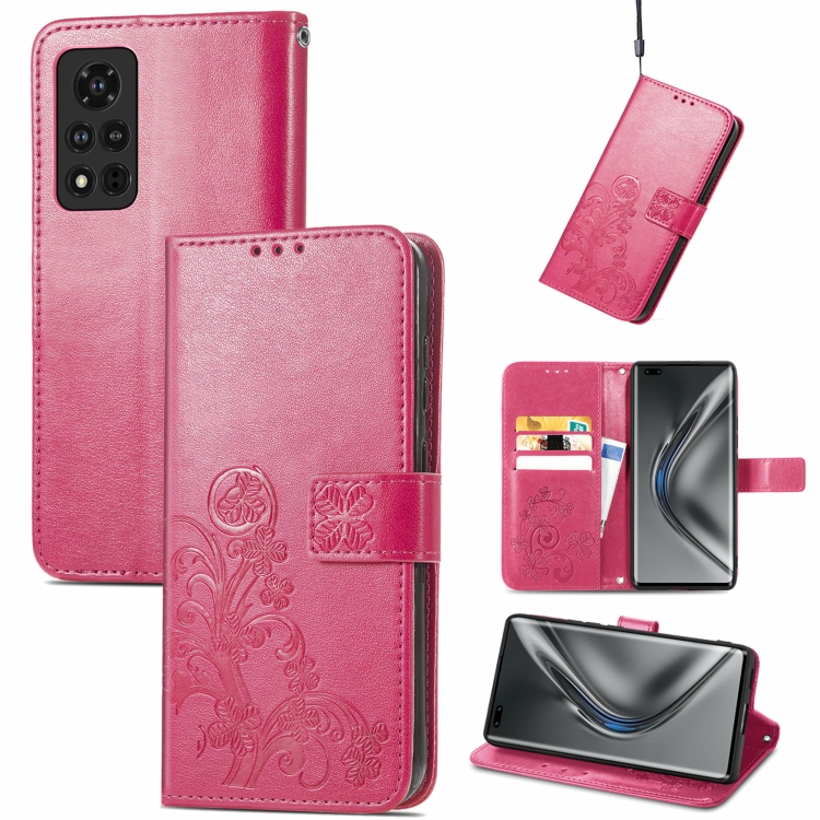 

For Honor V40 5G Four-leaf Clasp Embossed Buckle Mobile Phone Protection Leather Case with Lanyard & Card Slot & Wallet & Bracket Function(Magenta)