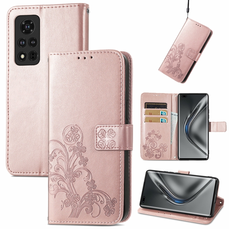 

For Honor V40 5G Four-leaf Clasp Embossed Buckle Mobile Phone Protection Leather Case with Lanyard & Card Slot & Wallet & Bracket Function(Rose Gold)