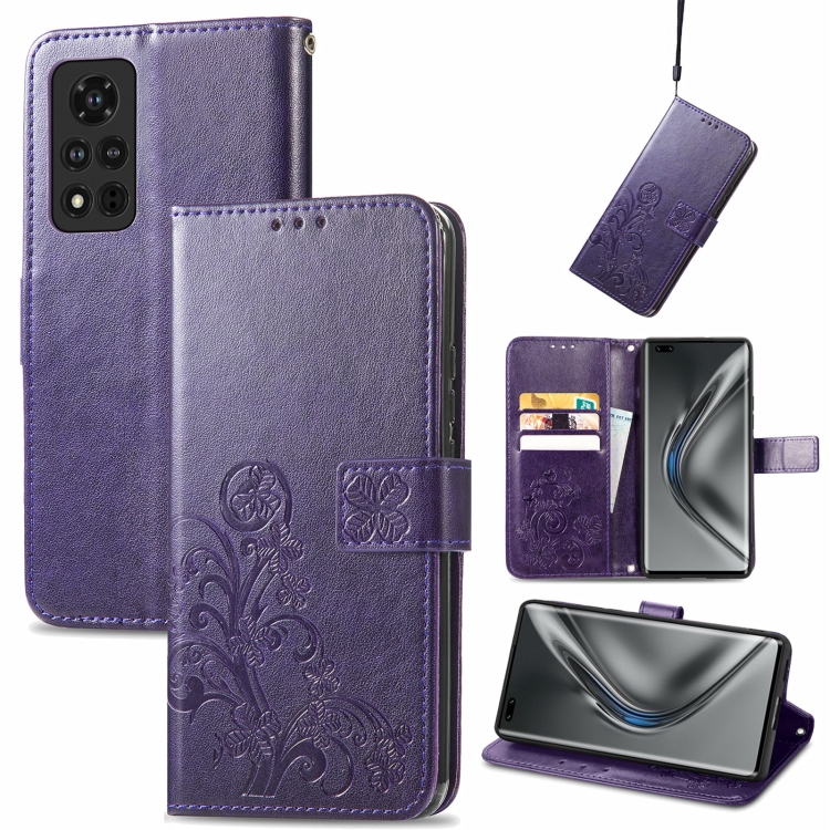 

For Honor V40 5G Four-leaf Clasp Embossed Buckle Mobile Phone Protection Leather Case with Lanyard & Card Slot & Wallet & Bracket Function(Purple)