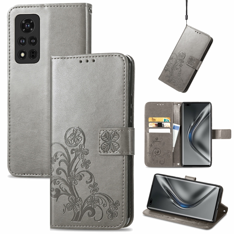 

For Honor V40 5G Four-leaf Clasp Embossed Buckle Mobile Phone Protection Leather Case with Lanyard & Card Slot & Wallet & Bracket Function(Gray)