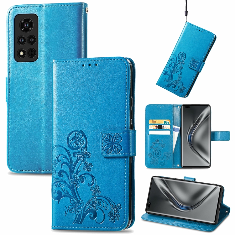 

For Honor V40 5G Four-leaf Clasp Embossed Buckle Mobile Phone Protection Leather Case with Lanyard & Card Slot & Wallet & Bracket Function(Blue)