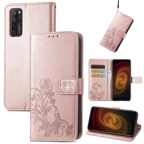 

For ZTE AXON 20 5G Four-leaf Clasp Embossed Buckle Mobile Phone Protection Leather Case with Lanyard & Card Slot & Wallet & Bracket Function(Rose Gold)