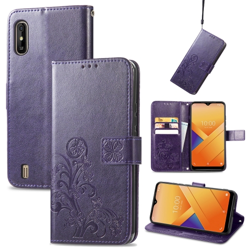 

For Wiko Y81 Four-leaf Clasp Embossed Buckle Mobile Phone Protection Leather Case with Lanyard & Card Slot & Wallet & Bracket Function(Purple)