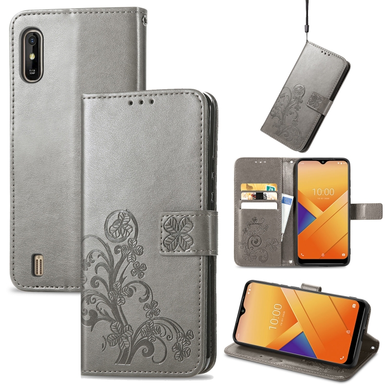 

For Wiko Y81 Four-leaf Clasp Embossed Buckle Mobile Phone Protection Leather Case with Lanyard & Card Slot & Wallet & Bracket Function(Gray)