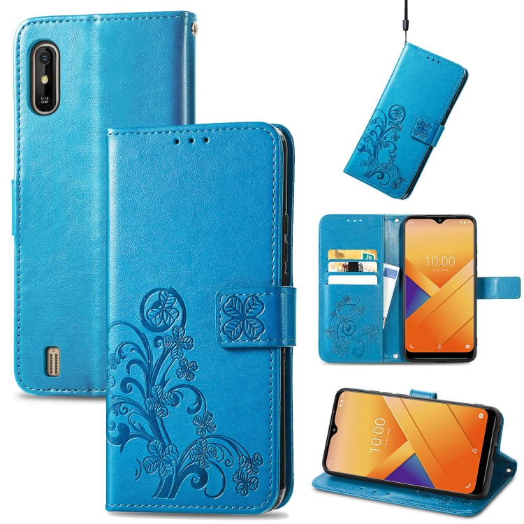 

For Wiko Y81 Four-leaf Clasp Embossed Buckle Mobile Phone Protection Leather Case with Lanyard & Card Slot & Wallet & Bracket Function(Blue)
