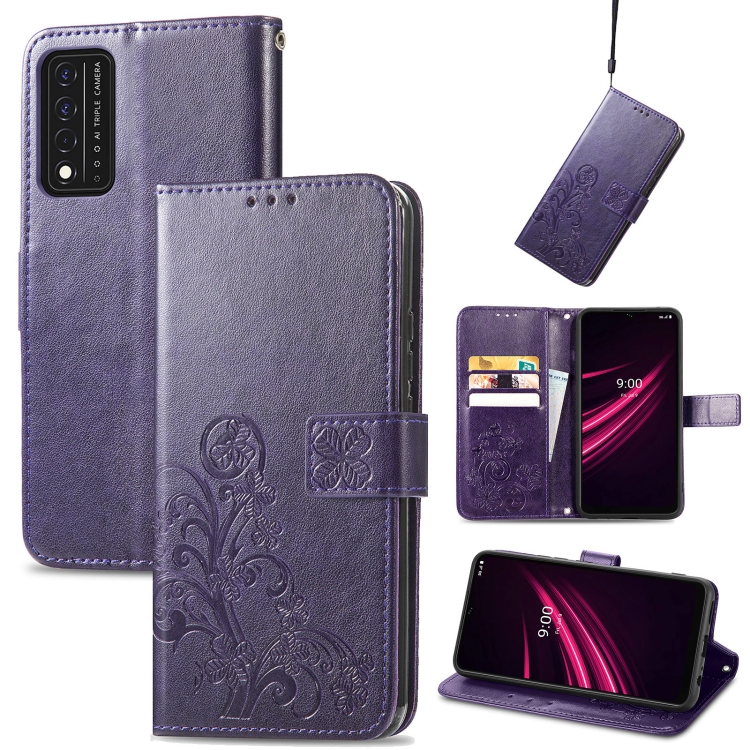 

For T-Mobile REVVL V+ 5G Four-leaf Clasp Embossed Buckle Mobile Phone Protection Leather Case with Lanyard & Card Slot & Wallet & Bracket Function(Purple)