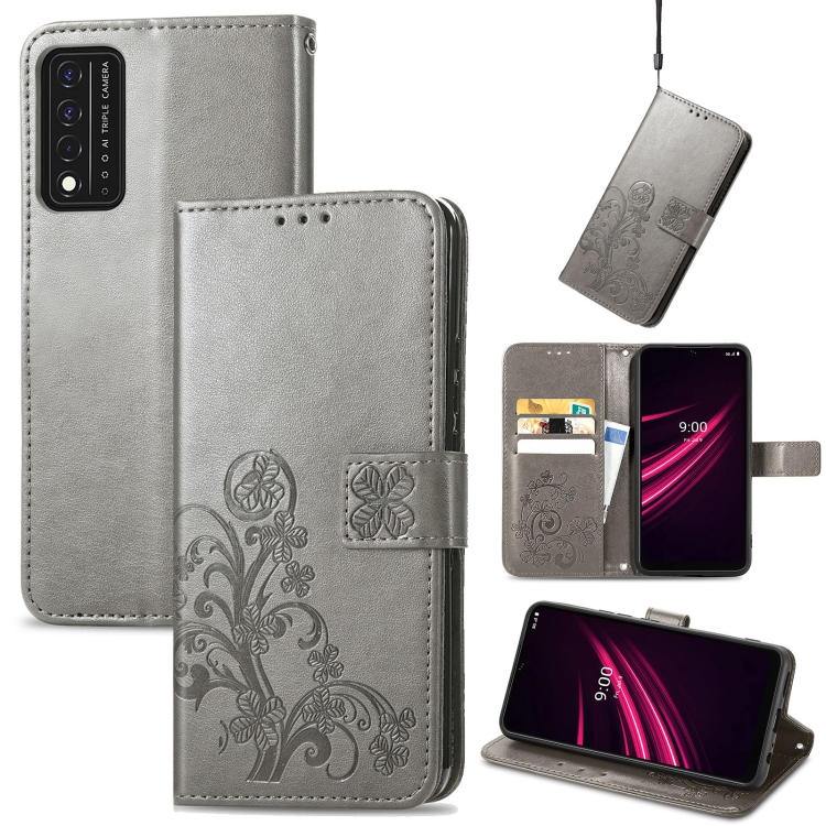 

For T-Mobile REVVL V+ 5G Four-leaf Clasp Embossed Buckle Mobile Phone Protection Leather Case with Lanyard & Card Slot & Wallet & Bracket Function(Gray)