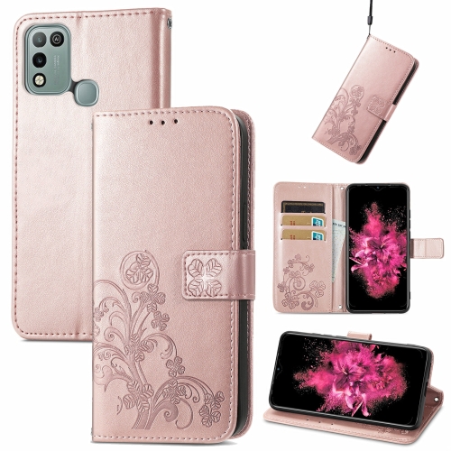 

For INFINIX Hot 10 Play Four-leaf Clasp Embossed Buckle Mobile Phone Protection Leather Case with Lanyard & Card Slot & Wallet & Bracket Function(Rose Gold)