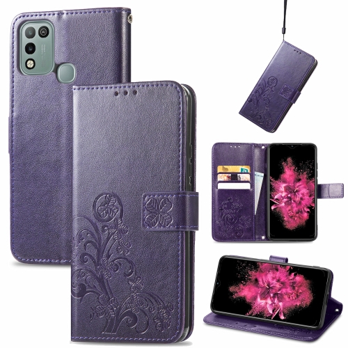 

For INFINIX Hot 10 Play Four-leaf Clasp Embossed Buckle Mobile Phone Protection Leather Case with Lanyard & Card Slot & Wallet & Bracket Function(Purple)