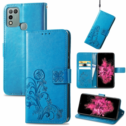 

For INFINIX Hot 10 Play Four-leaf Clasp Embossed Buckle Mobile Phone Protection Leather Case with Lanyard & Card Slot & Wallet & Bracket Function(Blue)