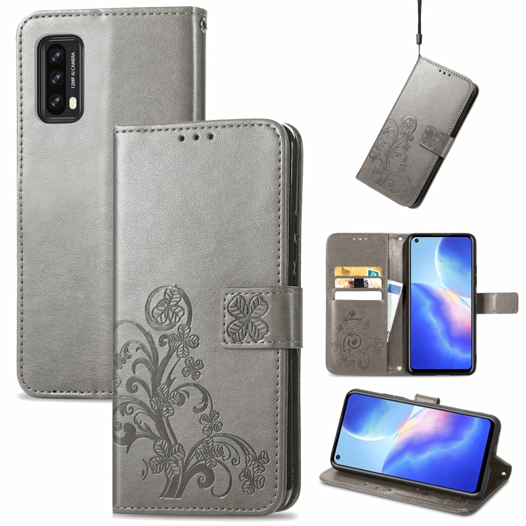 

For Blackview A90 Four-leaf Clasp Embossed Buckle Mobile Phone Protection Leather Case with Lanyard & Card Slot & Wallet & Bracket Function(Gray)