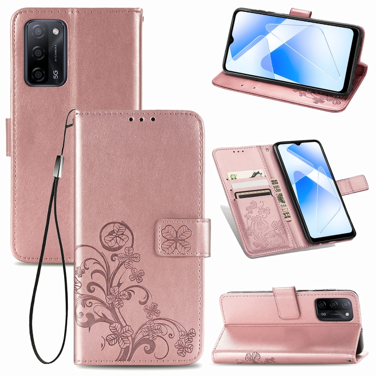 

For OPPO A55 5G Four-leaf Clasp Embossed Buckle Mobile Phone Protection Leather Case with Lanyard & Card Slot & Wallet & Bracket Function(Rose Gold)
