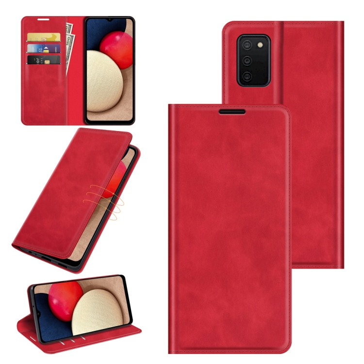 

For Samsung Galaxy A03s Retro-skin Business Magnetic Suction Leather Case with Holder & Card Slots & Wallet(Red)