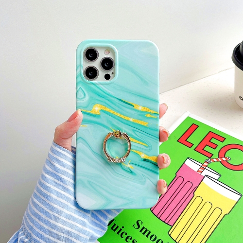 

For iPhone 12 mini Thickened TPU Glazed Marble Pattern Case with Metallic Ring Holder(Green)