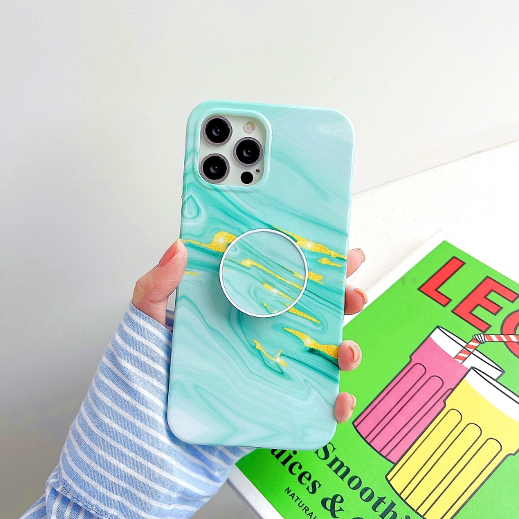

For iPhone 12 mini Thickened TPU Glazed Marble Pattern Case with Folding Holder(Green)