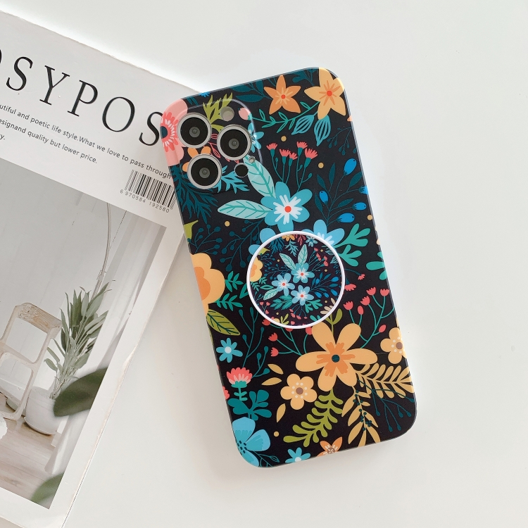 

For iPhone 11 Pro Frosted Flowers Pattern IMD TPU Case with Folding Holder(Black)