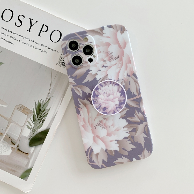 

For iPhone 11 Pro Max Frosted Flowers Pattern IMD TPU Case with Folding Holder(Gray)