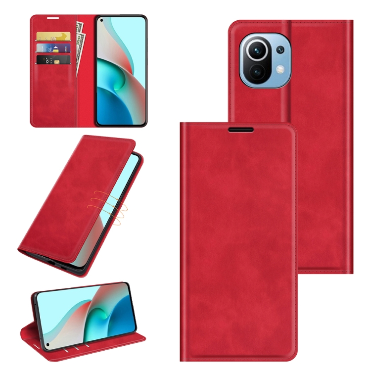 

For Xiaomi Mi 11 Lite Retro-skin Business Magnetic Suction Leather Case with Holder & Card Slots & Wallet(Red)