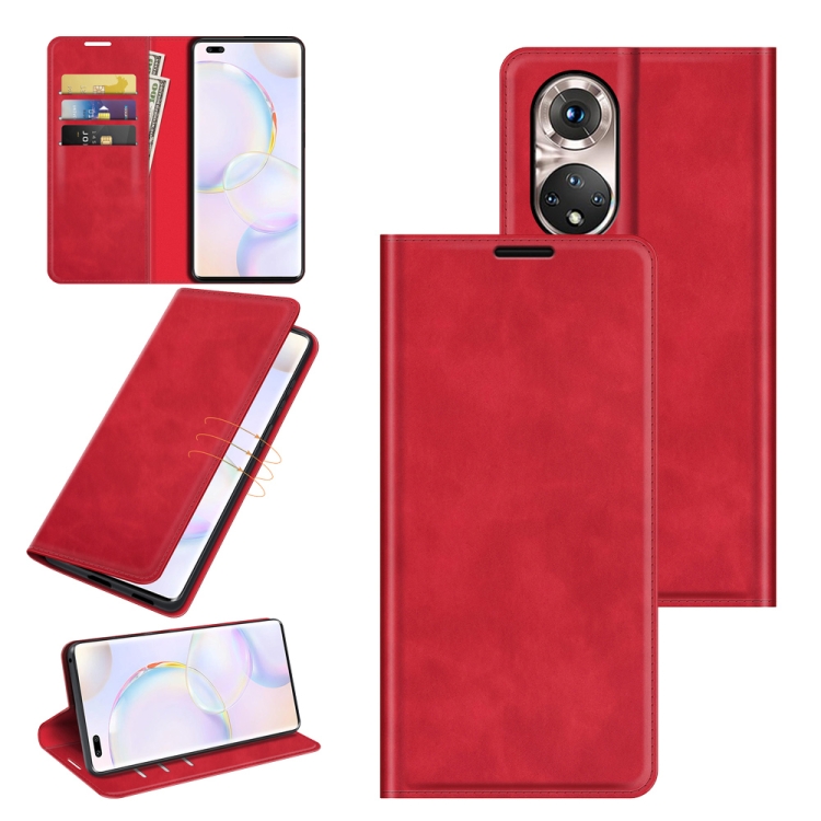 

For Honor 50 Pro Retro-skin Business Magnetic Suction Leather Case with Holder & Card Slots & Wallet(Red)