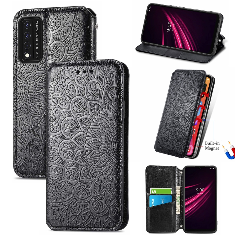 

For T-Mobile REVVL V+ 5G Blooming Mandala Embossed Pattern Magnetic Horizontal Flip Leather Case with Holder & Card Slots & Wallet(Black)