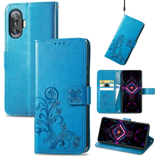 

For Xiaomi Redmi K40 Gaming /Poco F3 GT Four-leaf Clasp Embossed Buckle Mobile Phone Protection Leather Case with Lanyard & Card Slot & Wallet & Bracket Function(Blue)