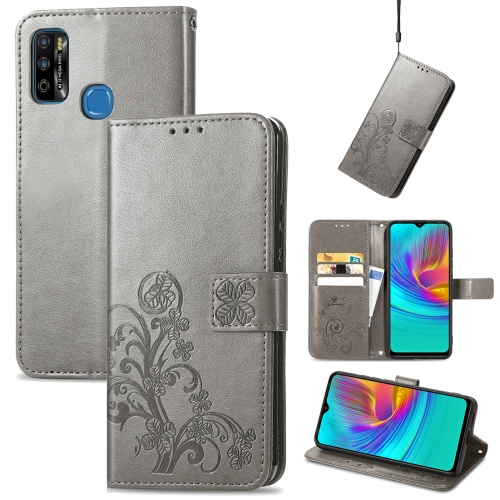 

For Infinix X680 / Smart 4 Four-leaf Clasp Embossed Buckle Mobile Phone Protection Leather Case with Lanyard & Card Slot & Wallet & Bracket Function(Gray)