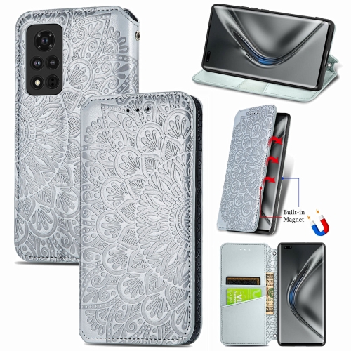 

For Honor V40 5G Blooming Mandala Embossed Pattern Magnetic Horizontal Flip Leather Case with Holder & Card Slots & Wallet(Grey)