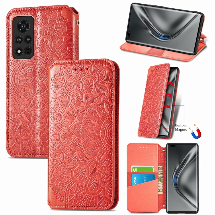 

For Honor V40 5G Blooming Mandala Embossed Pattern Magnetic Horizontal Flip Leather Case with Holder & Card Slots & Wallet(Red)