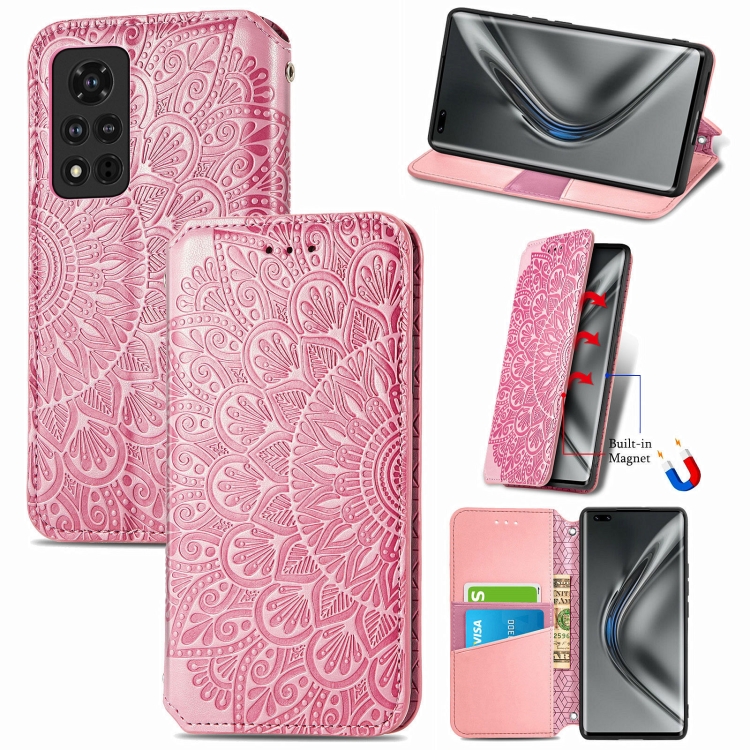 

For Honor V40 5G Blooming Mandala Embossed Pattern Magnetic Horizontal Flip Leather Case with Holder & Card Slots & Wallet(Pink)