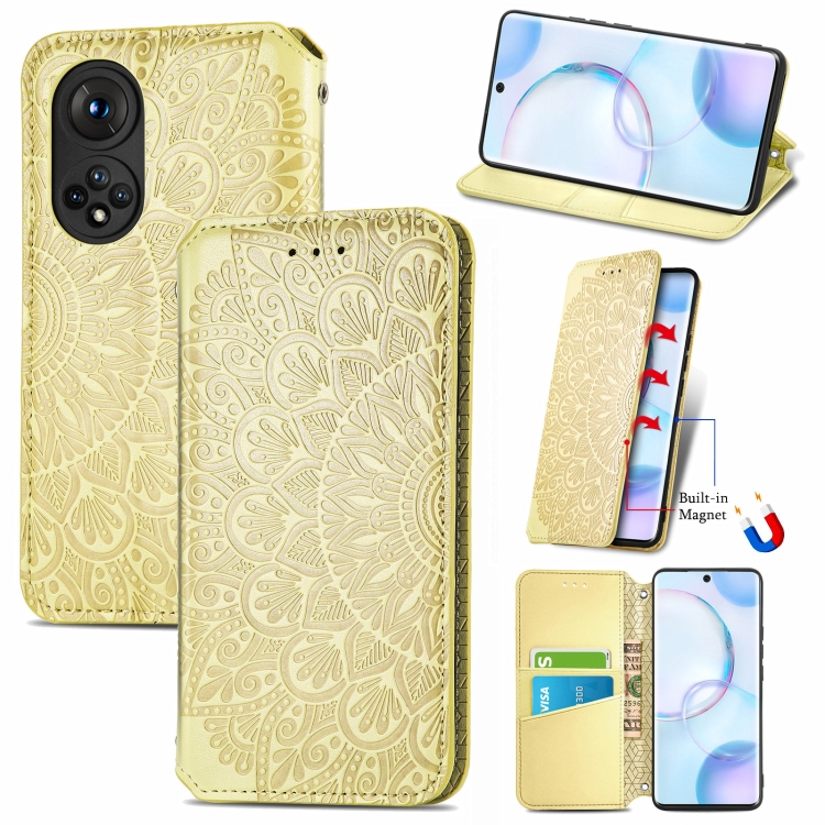 

For Honor 50 Blooming Mandala Embossed Pattern Magnetic Horizontal Flip Leather Case with Holder & Card Slots & Wallet(Yellow)