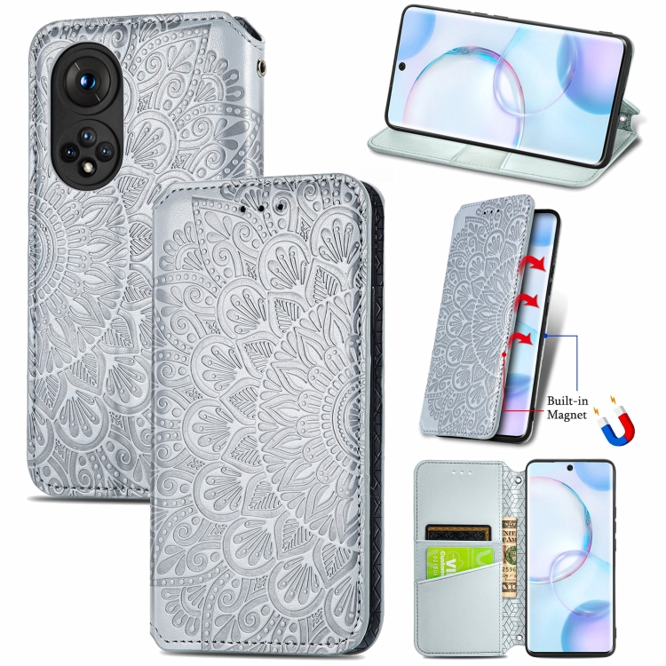 

For Honor 50 Blooming Mandala Embossed Pattern Magnetic Horizontal Flip Leather Case with Holder & Card Slots & Wallet(Grey)