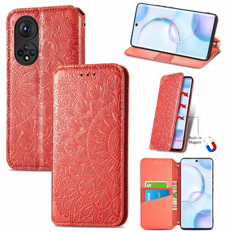 

For Honor 50 Blooming Mandala Embossed Pattern Magnetic Horizontal Flip Leather Case with Holder & Card Slots & Wallet(Red)