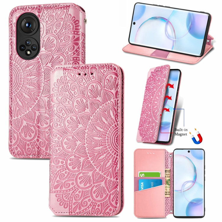 

For Honor 50 Blooming Mandala Embossed Pattern Magnetic Horizontal Flip Leather Case with Holder & Card Slots & Wallet(Pink)