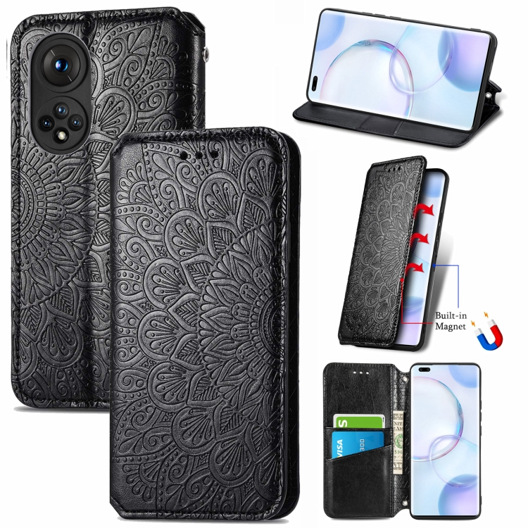 

For Honor 50 Pro Blooming Mandala Embossed Pattern Magnetic Horizontal Flip Leather Case with Holder & Card Slots & Wallet(Black)