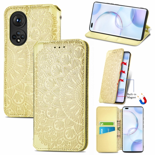 

For Honor 50 Pro Blooming Mandala Embossed Pattern Magnetic Horizontal Flip Leather Case with Holder & Card Slots & Wallet(Yellow)