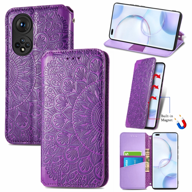 

For Honor 50 Pro Blooming Mandala Embossed Pattern Magnetic Horizontal Flip Leather Case with Holder & Card Slots & Wallet(Purple)