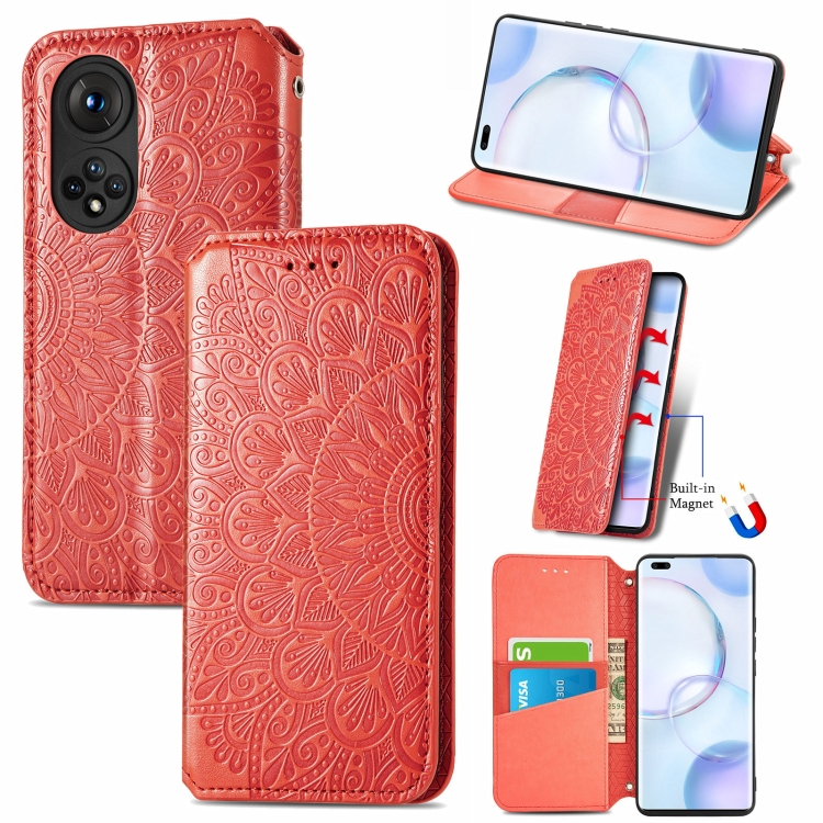 

For Honor 50 Pro Blooming Mandala Embossed Pattern Magnetic Horizontal Flip Leather Case with Holder & Card Slots & Wallet(Red)