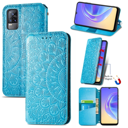 

For vivo V21e 4G Blooming Mandala Embossed Pattern Magnetic Horizontal Flip Leather Case with Holder & Card Slots & Wallet(Blue)
