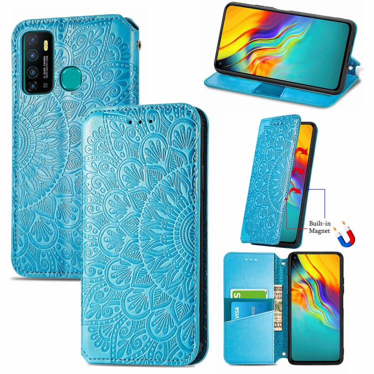 

For Infinix Hot 9 Blooming Mandala Embossed Pattern Magnetic Horizontal Flip Leather Case with Holder & Card Slots & Wallet(Blue)
