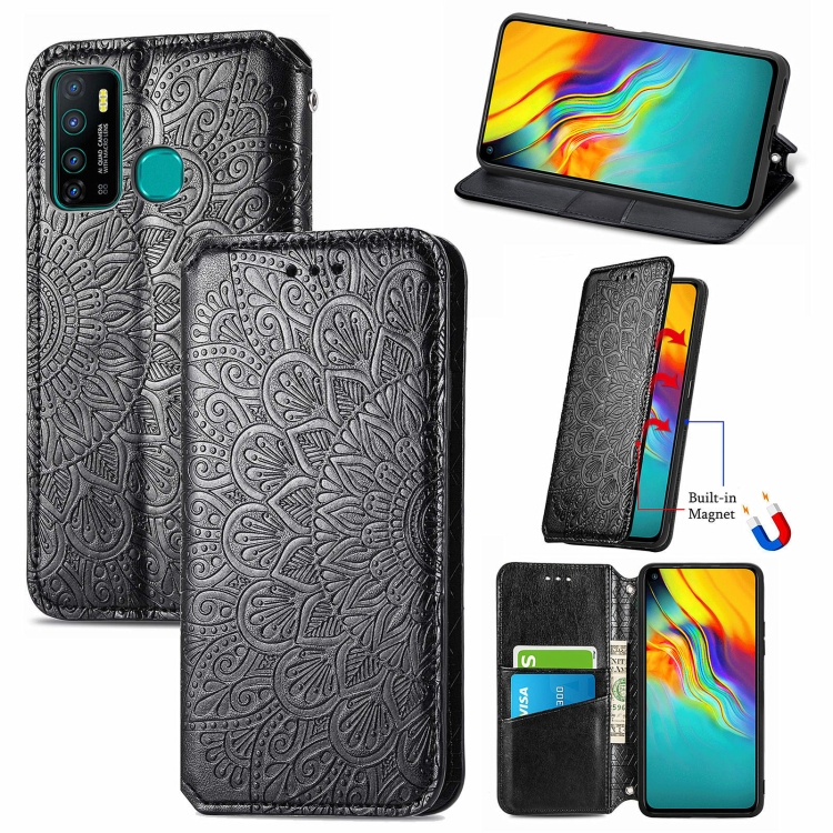 

For Infinix Hot 9 Blooming Mandala Embossed Pattern Magnetic Horizontal Flip Leather Case with Holder & Card Slots & Wallet(Black)