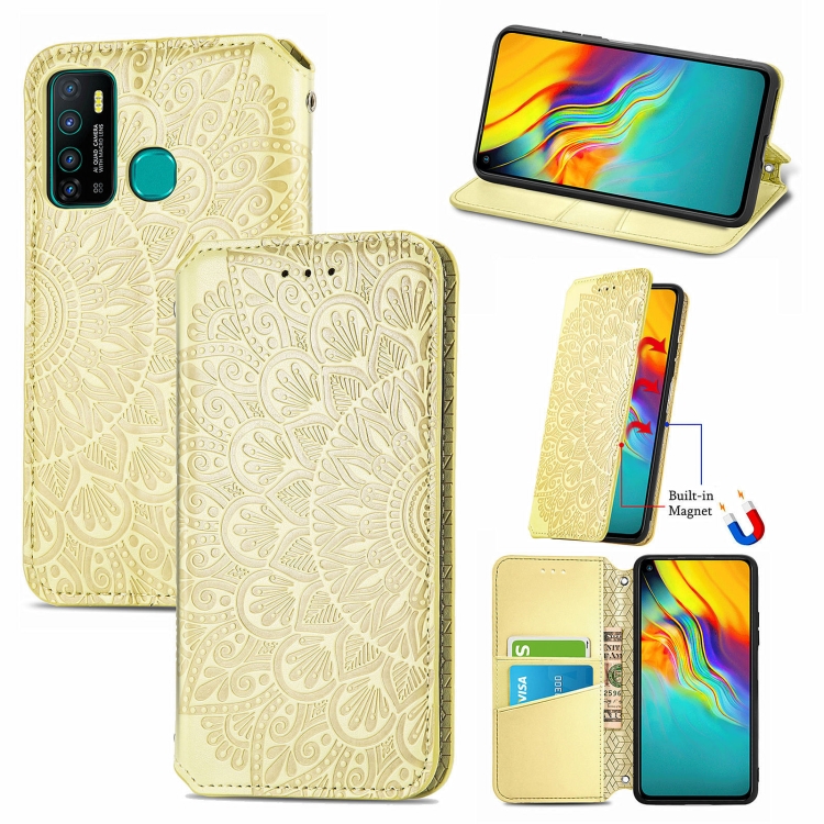 

For Infinix Hot 9 Blooming Mandala Embossed Pattern Magnetic Horizontal Flip Leather Case with Holder & Card Slots & Wallet(Yellow)