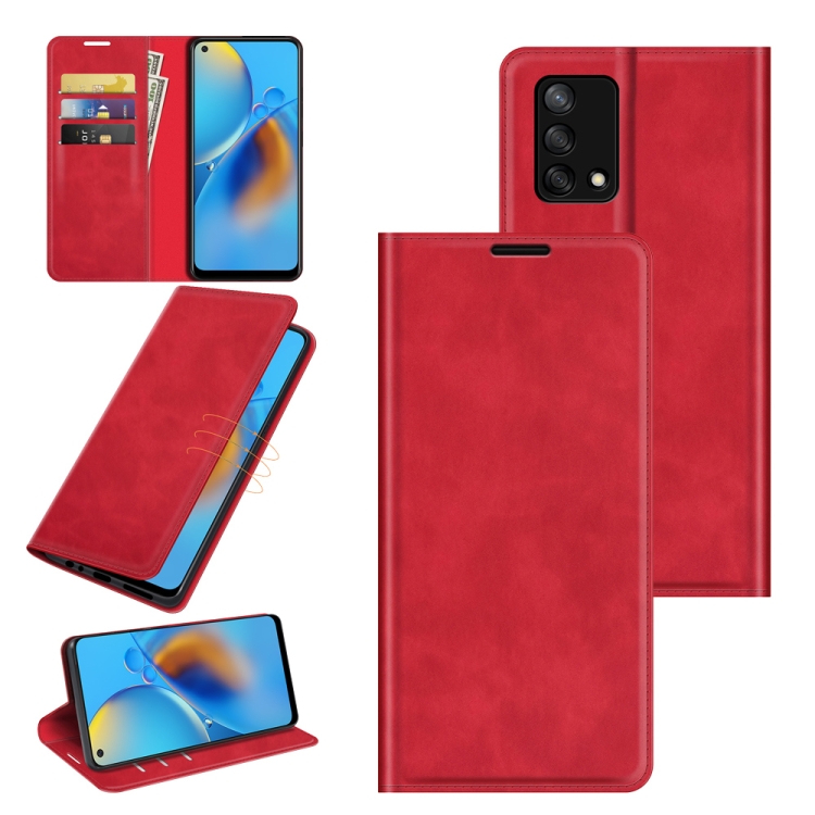 

For OPPO F19 / A74 4G Retro-skin Business Magnetic Suction Leather Case with Holder & Card Slots & Wallet(Red)