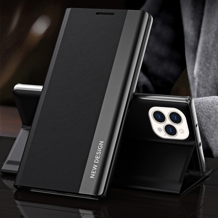 

Side Electroplated Magnetic Ultra-Thin Horizontal Flip Leather Case with Holder For iPhone 13 Pro Max(Black)