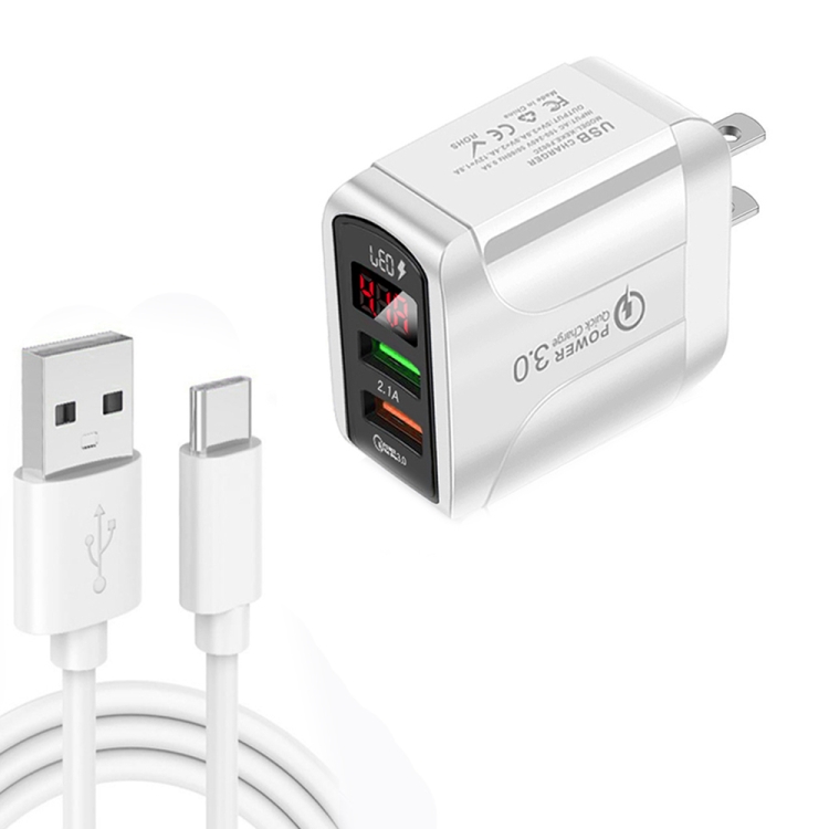 

F002C QC3.0 USB + USB 2.0 LED Digital Display Fast Charger with USB to Type-C Data Cable, US Plug(White)