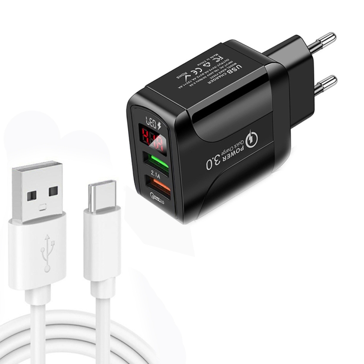 

F002C QC3.0 USB + USB 2.0 LED Digital Display Fast Charger with USB to Type-C Data Cable, EU Plug(Black)