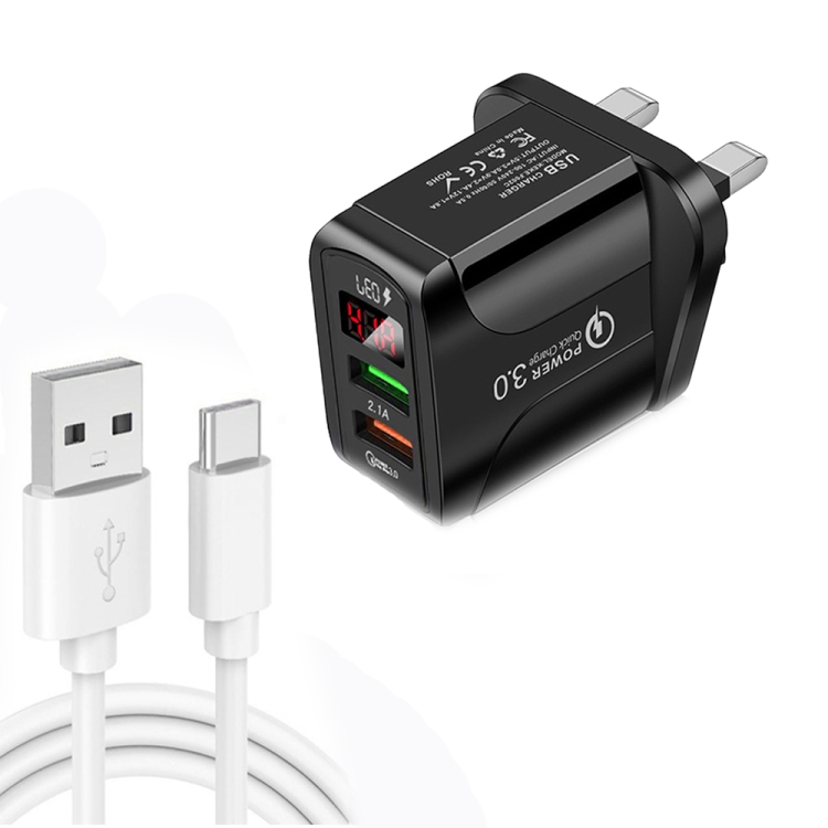 

F002C QC3.0 USB + USB 2.0 LED Digital Display Fast Charger with USB to Type-C Data Cable, UK Plug(Black)