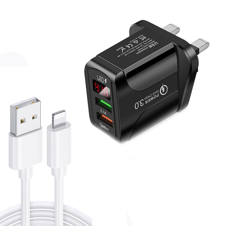 

F002C QC3.0 USB + USB 2.0 LED Digital Display Fast Charger with USB to 8 Pin Data Cable, UK Plug(Black)