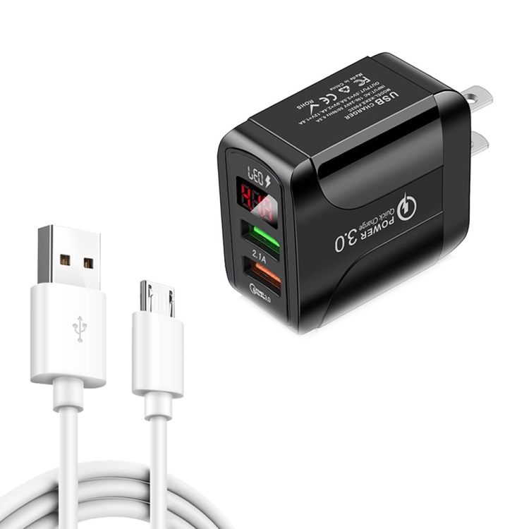 

F002C QC3.0 USB + USB 2.0 LED Digital Display Fast Charger with USB to Micro USB Data Cable, US Plug(Black)