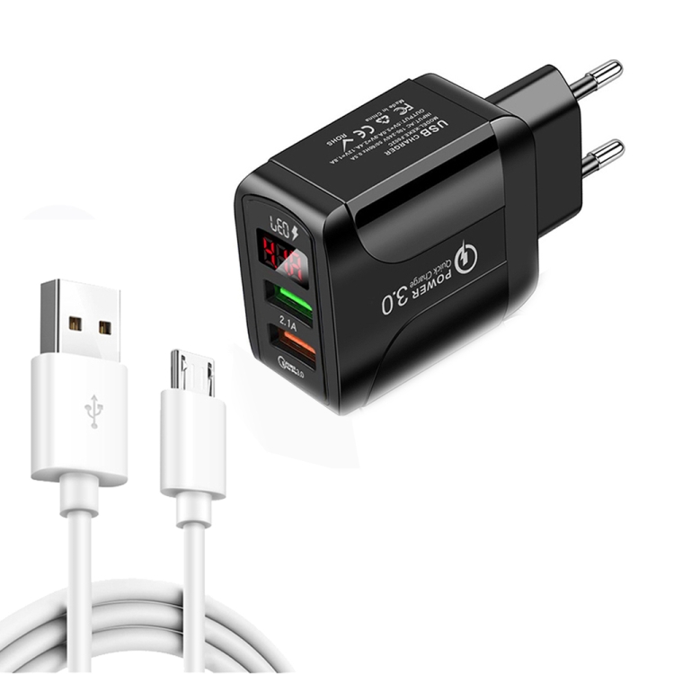 

F002C QC3.0 USB + USB 2.0 LED Digital Display Fast Charger with USB to Micro USB Data Cable, EU Plug(Black)