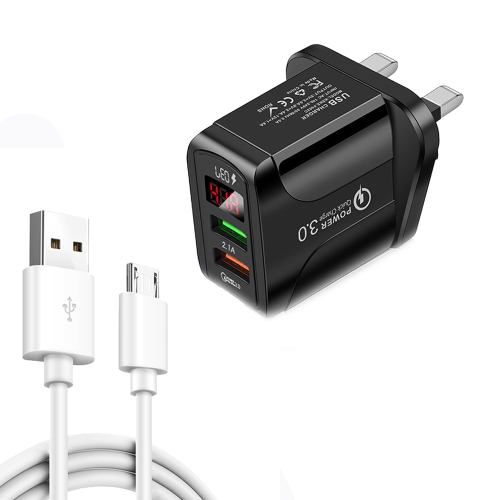 

F002C QC3.0 USB + USB 2.0 LED Digital Display Fast Charger with USB to Micro USB Data Cable, UK Plug(Black)